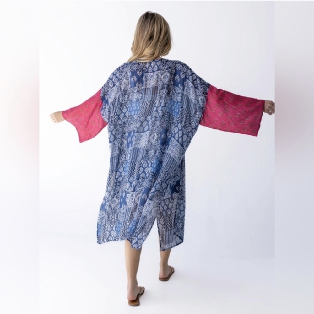 Natural Life Sierra Kimono Navy Red Medallion Boho Kimono Coverup - Picture 3 of 3